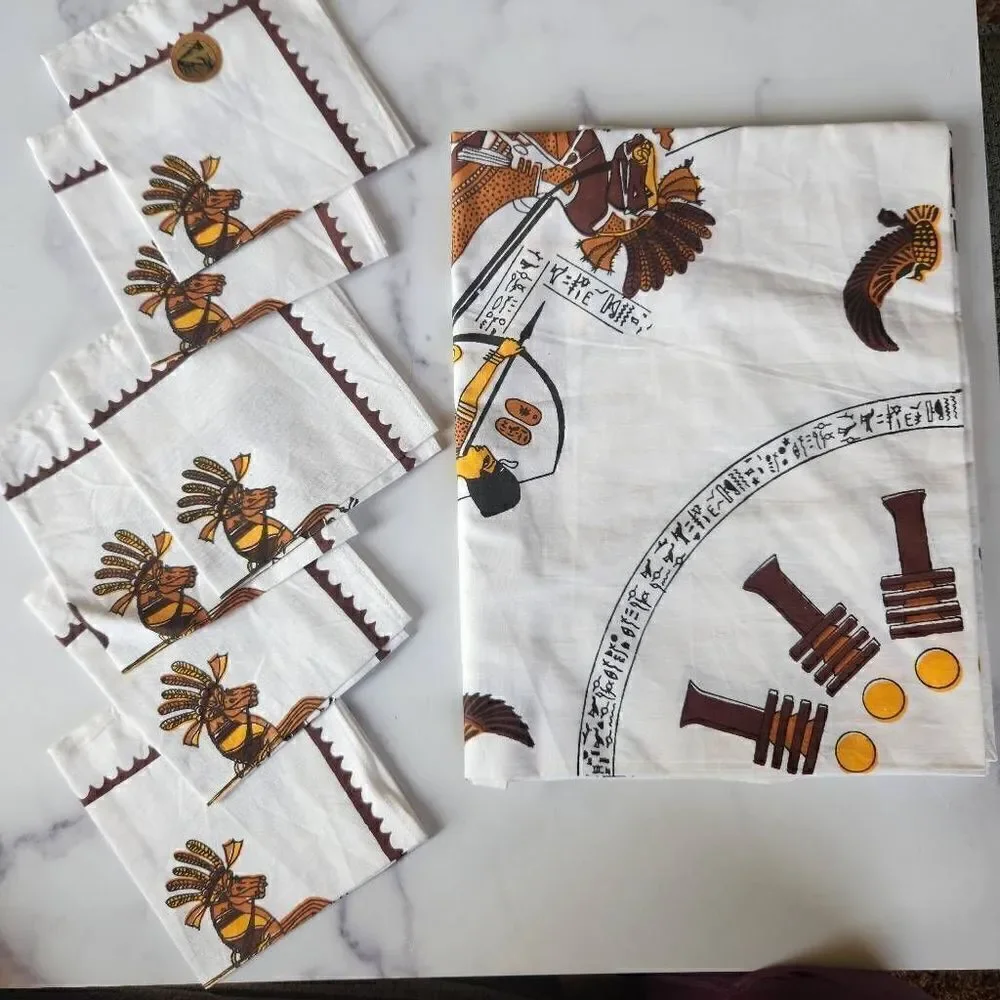 Vintage New Egyptian table cloth round 6 napkins cotton pharaoh chariot Egypt